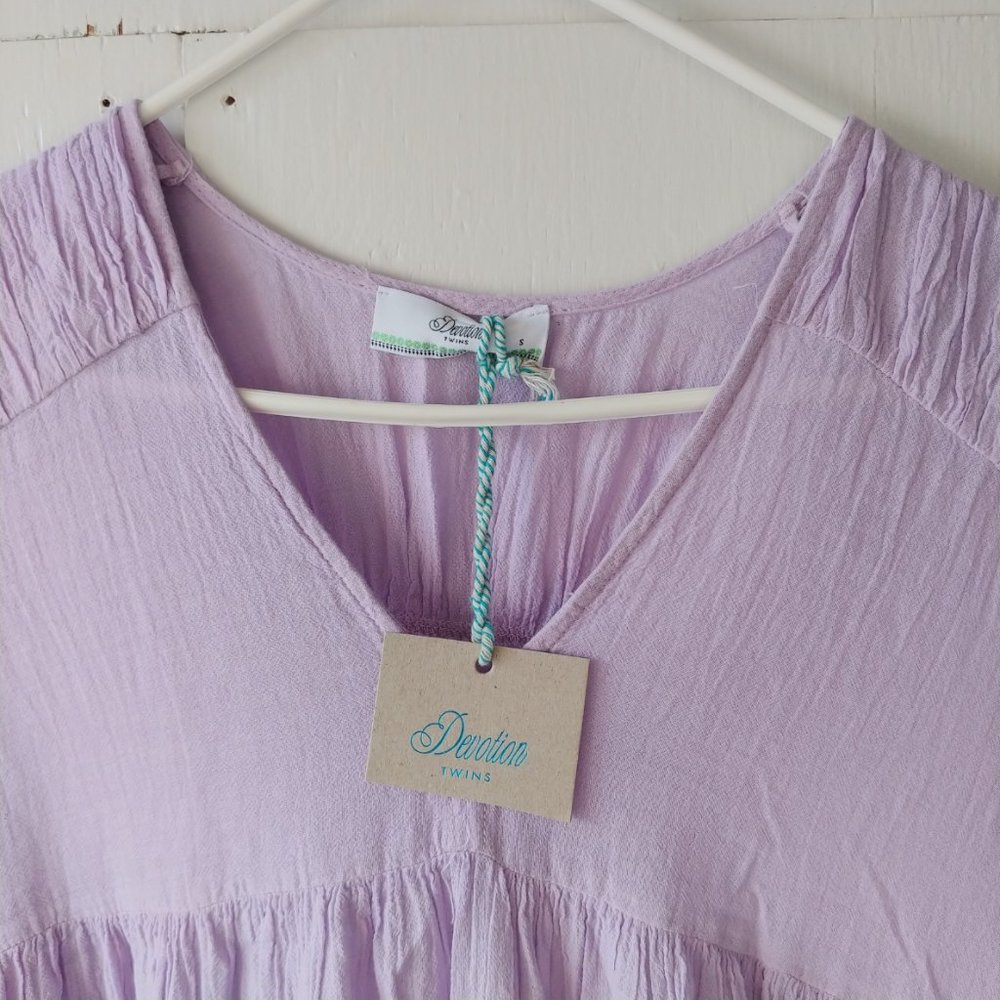Devotion Twins Hague Mini Dress with Relaxed Fit & Bell Sleeves SZ S in Lavender - Picture 3 of 9